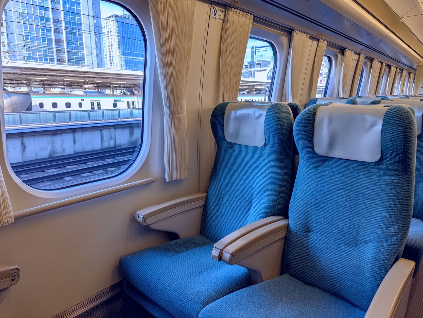 新幹線の車内で青い座席に座りながら駅ホームと都市風景を眺める移動シーン